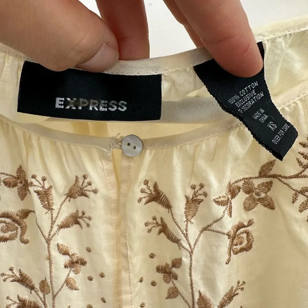 Vintage 90’s Express Beige Boho Embroidered Cotton Midi Long Sleeve Dress XS